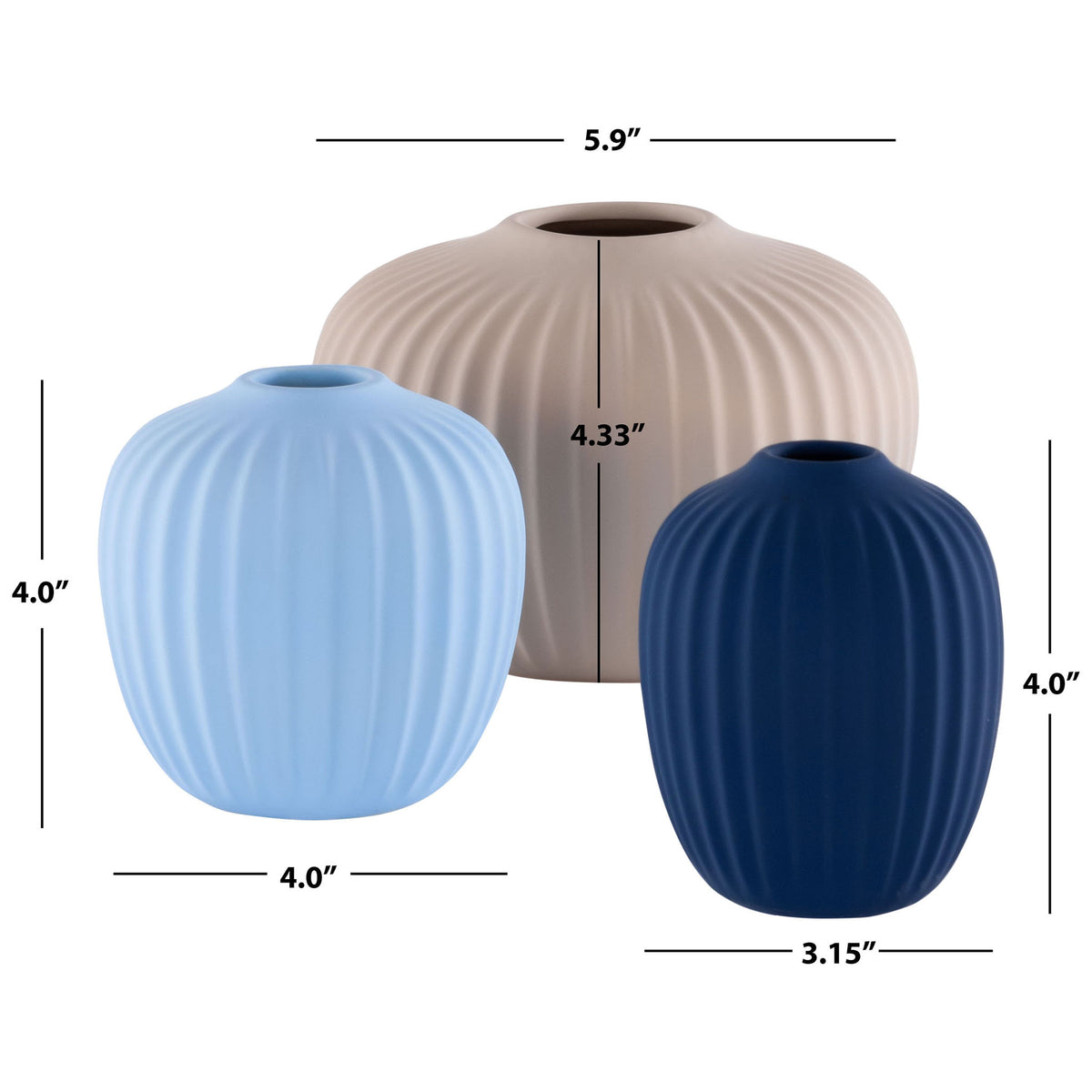 Light blue, navy, and beige ceramic vases measuring 4, 3.15, and 5.9 inches wide