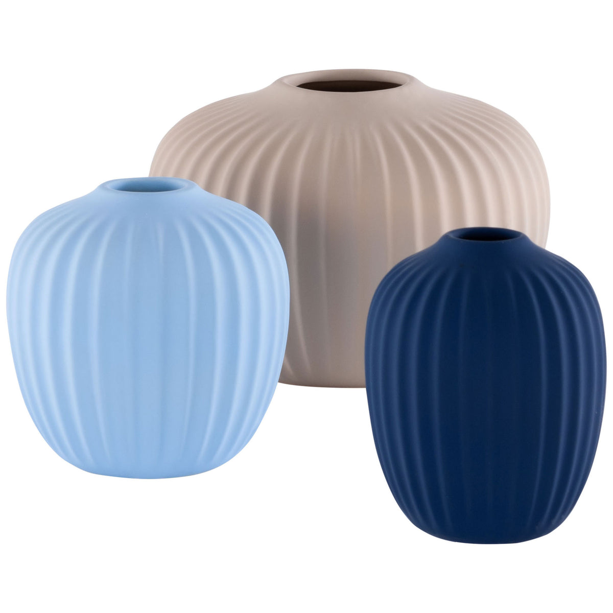 Light blue, navy, and beige ceramic vases with richly ribbed, softly rounded forms || RDC4000A-SET3 || front_studio