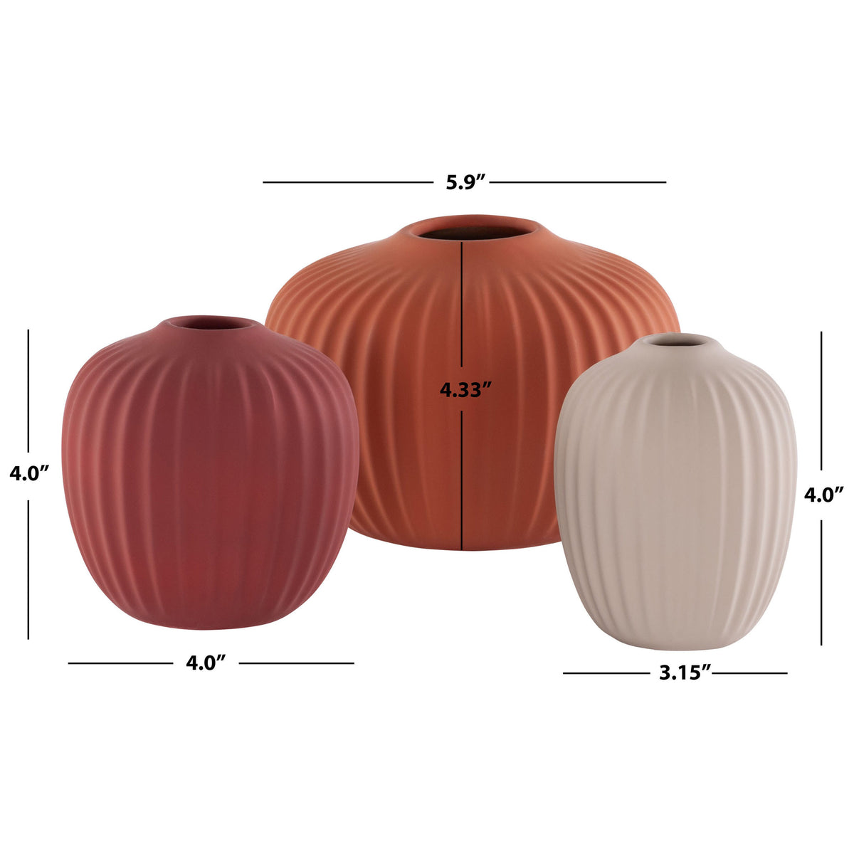 Burgundy, terracotta, and cream ceramic vases measuring 4, 5.9, and 3.15 inches wide || RDC4000B-SET3 || dimension_studio