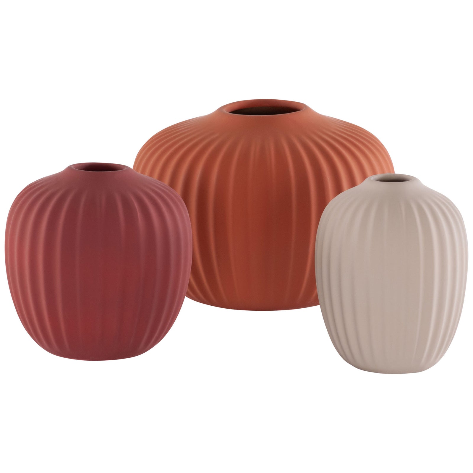 Three ceramic vases in burgundy, terracotta, and cream with sculptural ribbing and small openings || RDC4000B-SET3 || front_studio