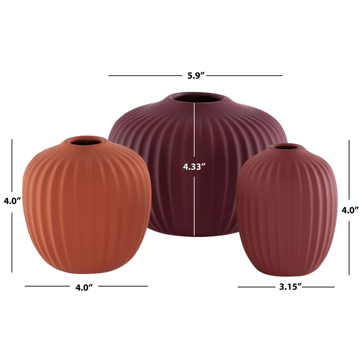Three warm-toned fluted ceramic vases measuring 5.9, 4, and 3.15 inches wide