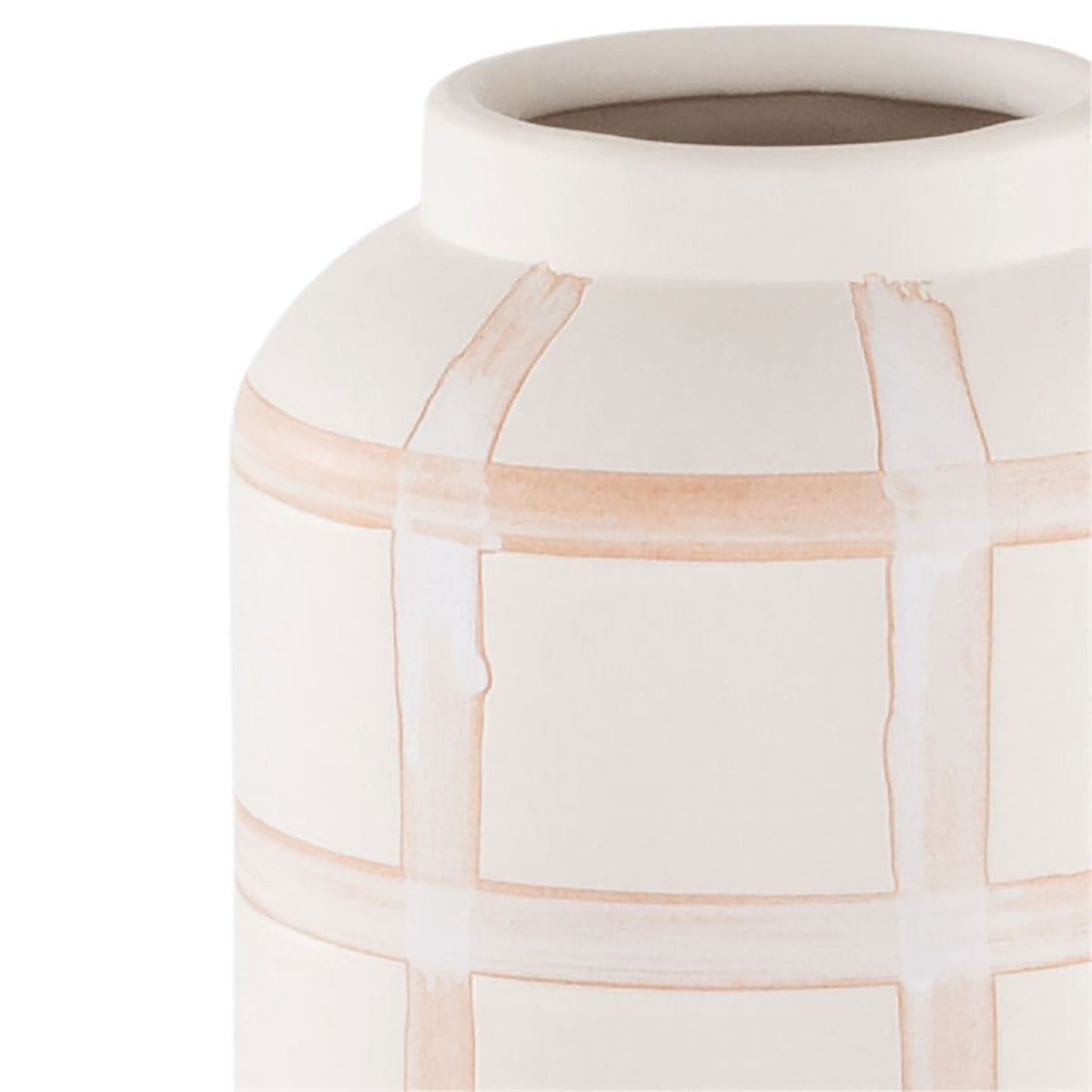 Pale peach lines outline a raised grid on a cream ceramic vase with a rounded shoulder and open mouth || RDC4008A-SET3 || detail_studio