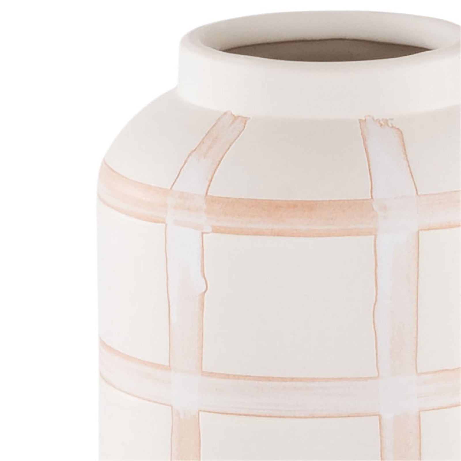 Pale peach lines outline a raised grid on a cream ceramic vase with a rounded shoulder and open mouth || RDC4008A-SET3 || detail_studio
