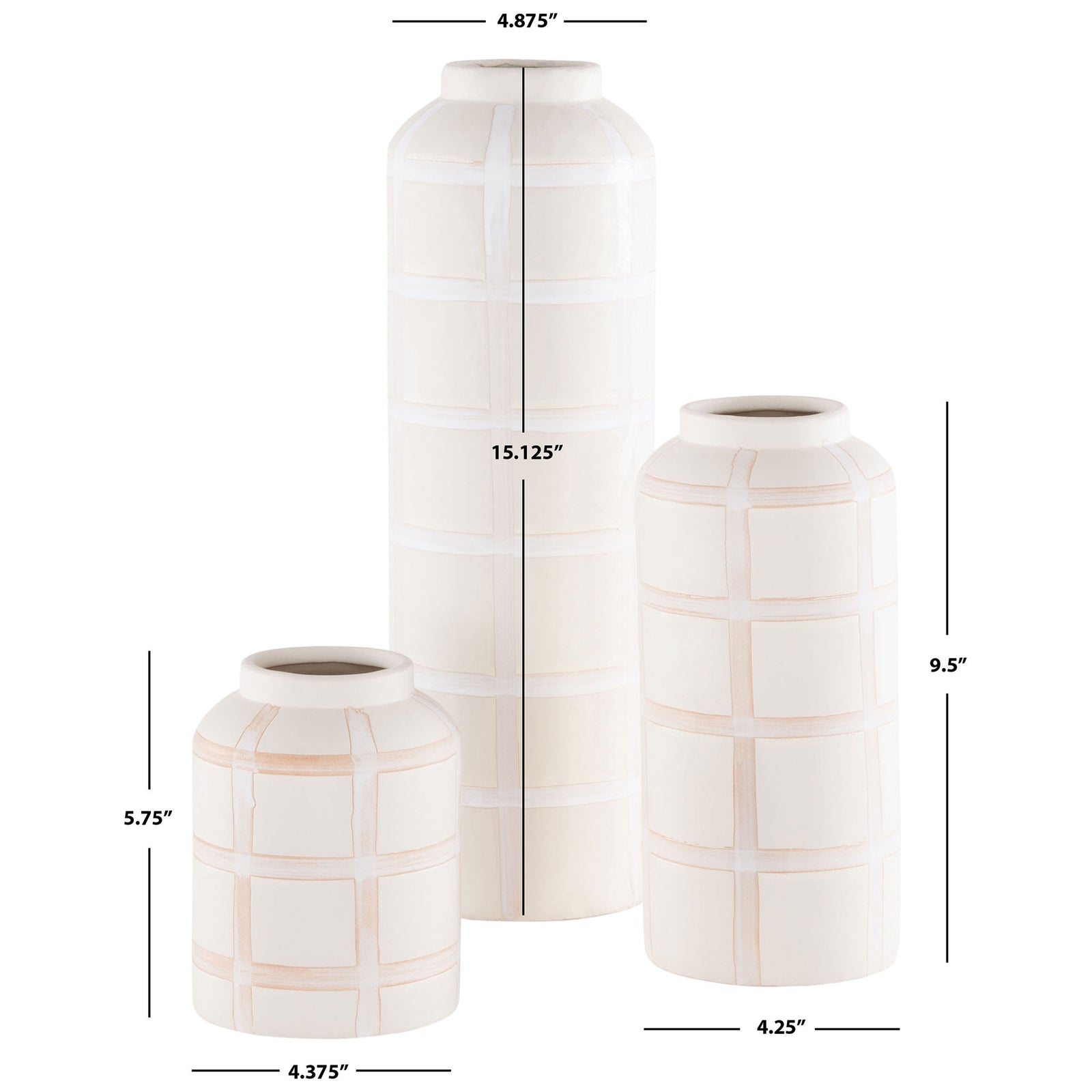Three cream ceramic vases stand 5.75, 9.5, and 15.125 inches tall for a layered tabletop display || RDC4008A-SET3 || dimension_studio