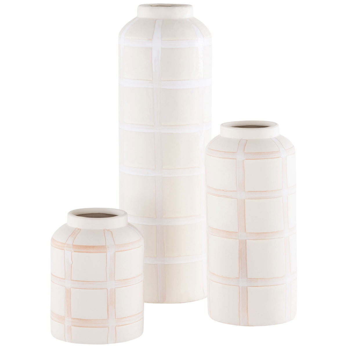 Three cream ceramic vases pair rounded shoulders with embossed rectangular grids for a sculptural accent || RDC4008A-SET3 || front_studio