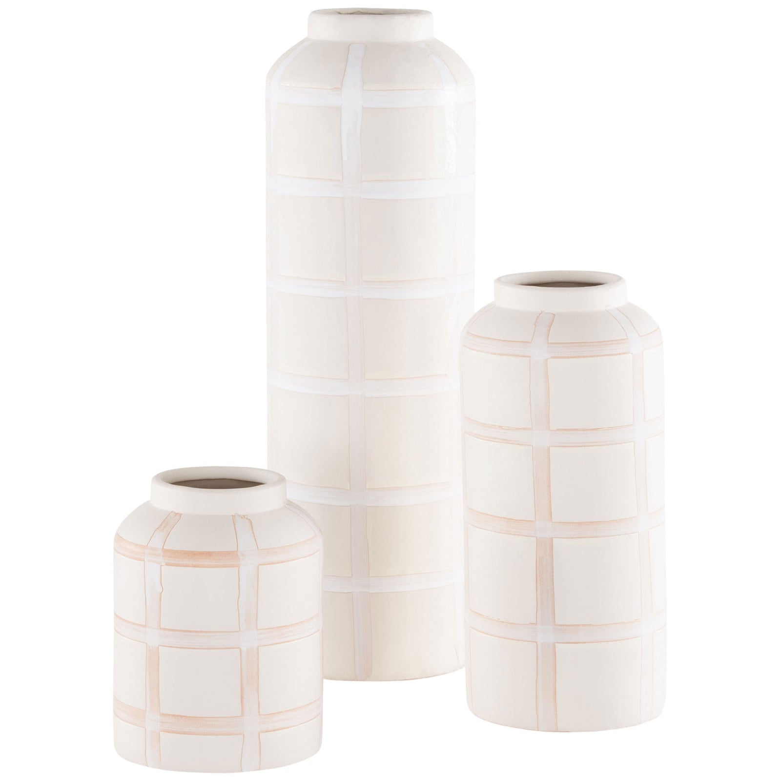 Three cream ceramic vases pair rounded shoulders with embossed rectangular grids for a sculptural accent || RDC4008A-SET3 || front_studio
