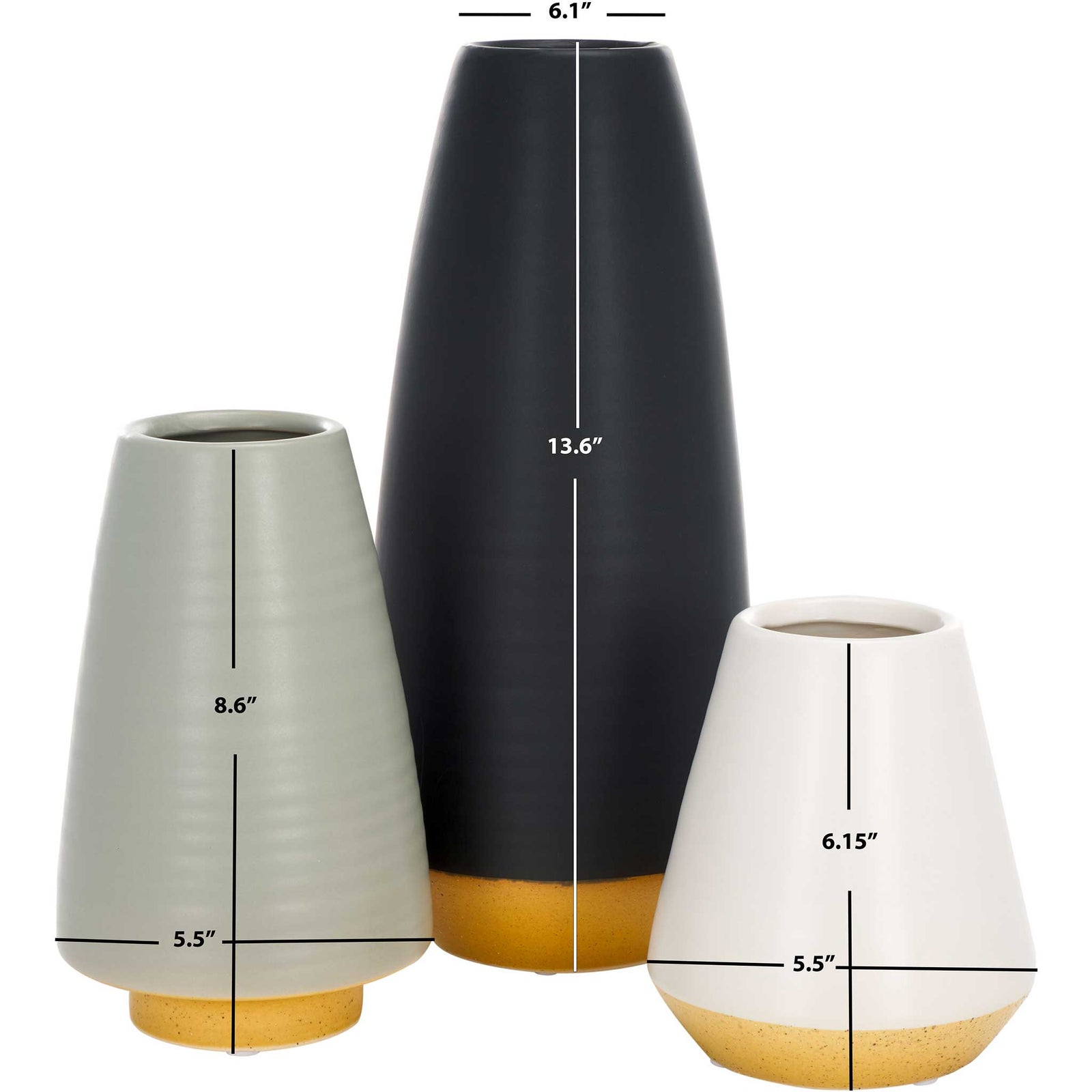 Trio of tapered ceramic vases in black, gray, and white with natural base, sized to mix and match || RDC4009A-SET3 || dimension_studio