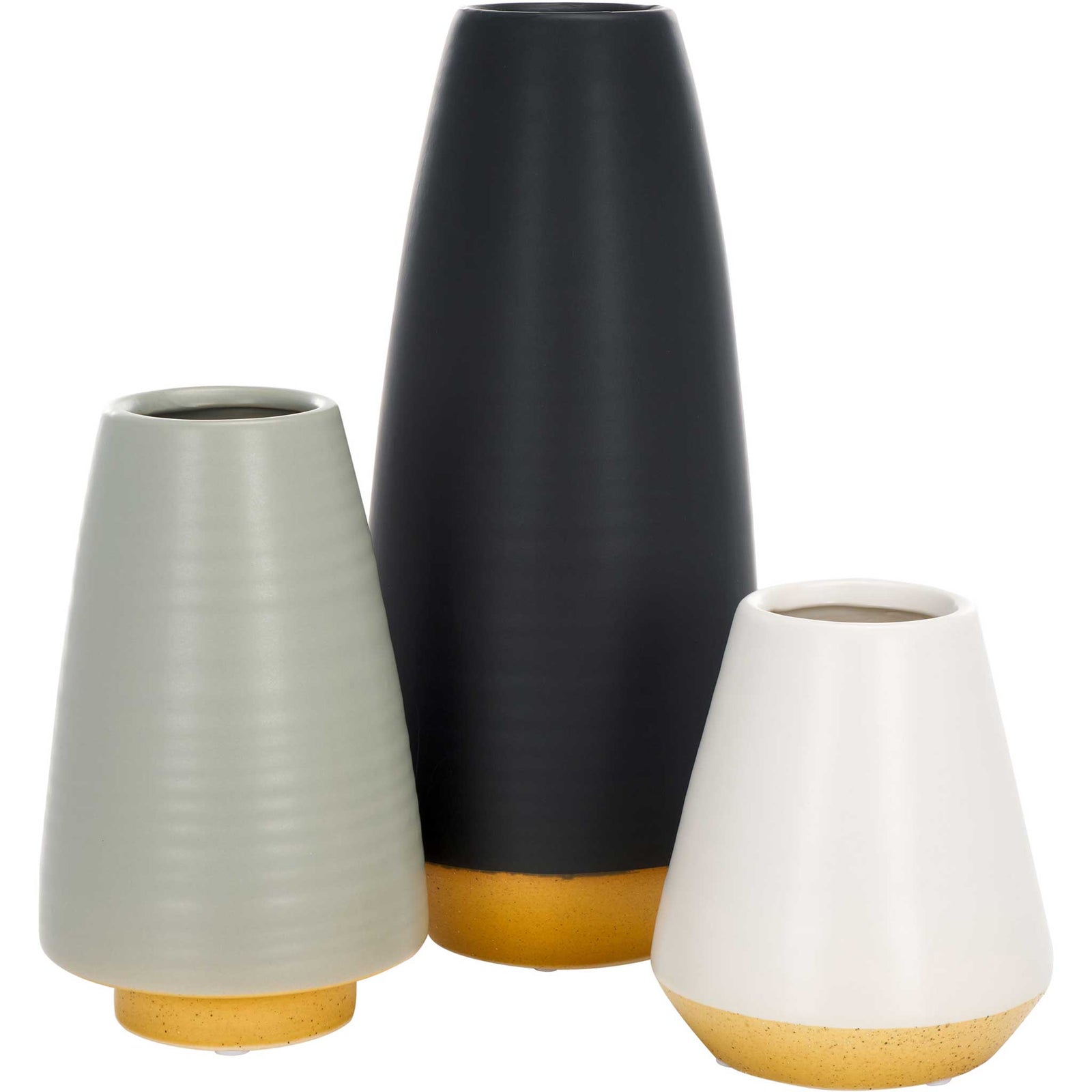 Modern set of three ceramic vases in black, gray, and white with a warm sand-hued base || RDC4009A-SET3 || front_studio