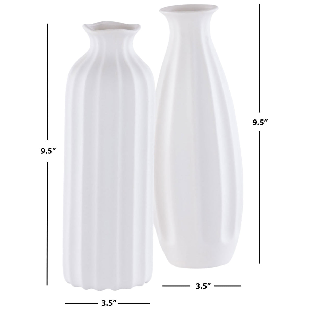 Two white ceramic vases pair distinct fluted silhouettes, each measuring 9.5 inches high.