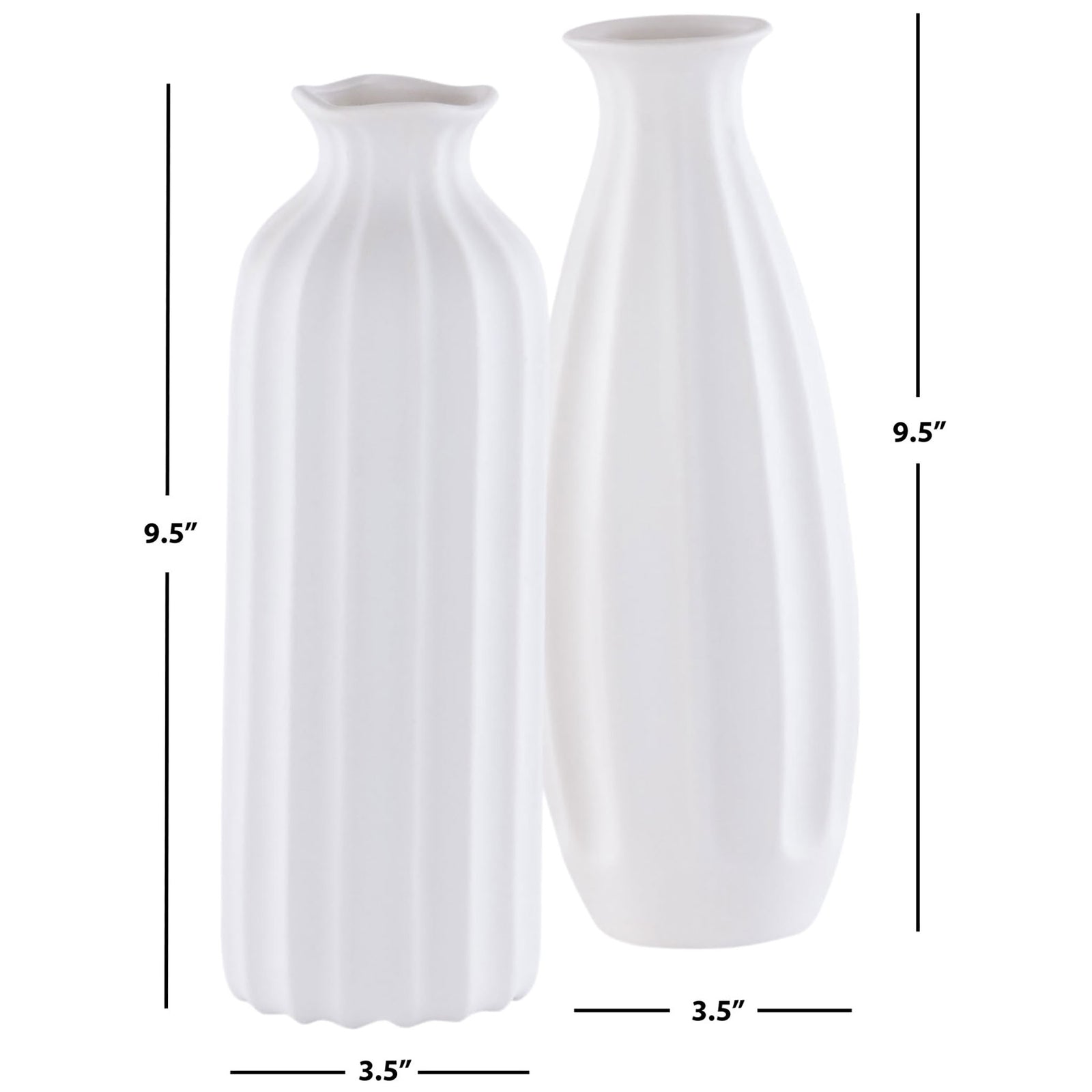 Two white ceramic vases pair distinct fluted silhouettes, each measuring 9.5 inches high. || RDC4010A-SET2 || dimension_studio