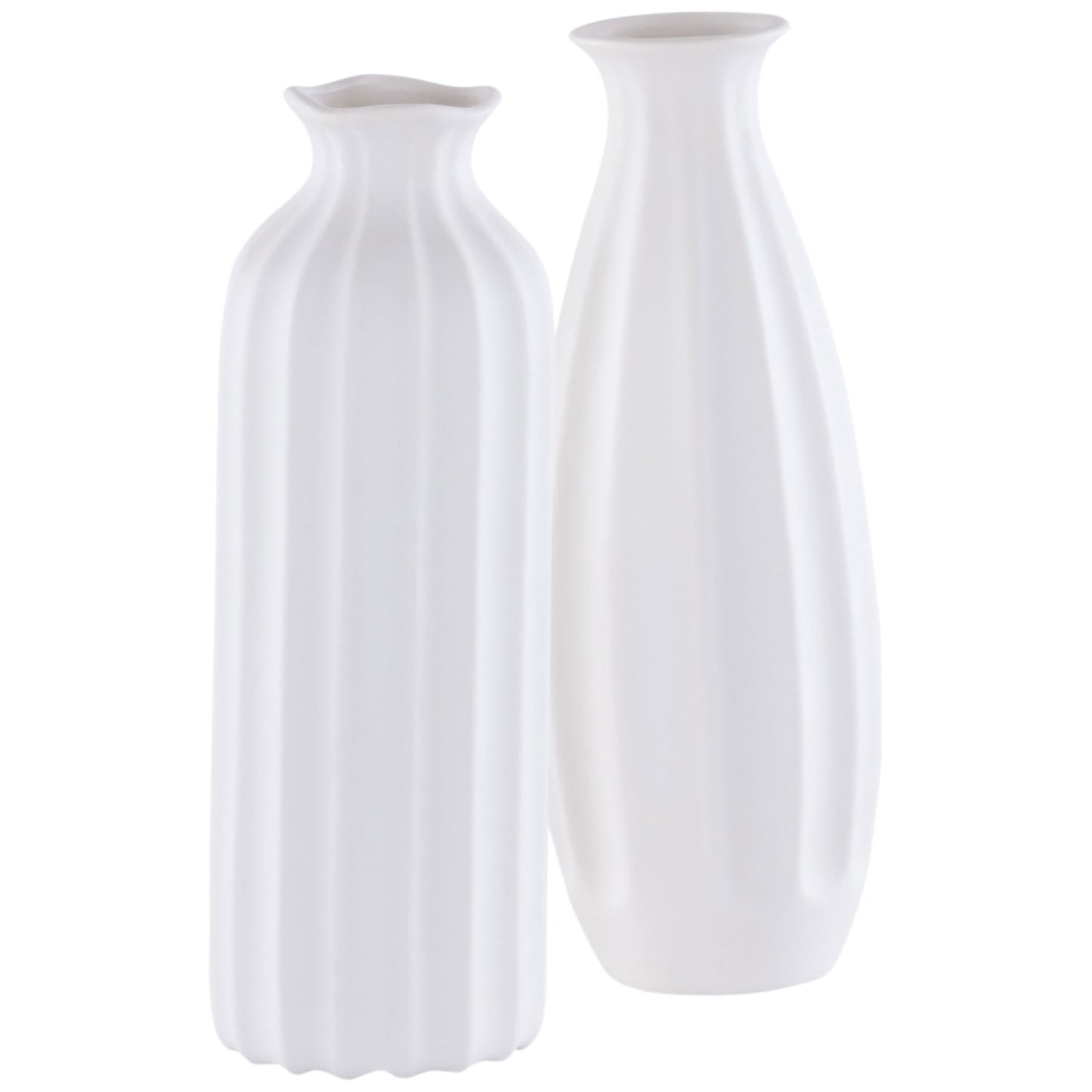 Two white ceramic vases combine fluted forms and softly sculpted rims. || RDC4010A-SET2 || front_studio