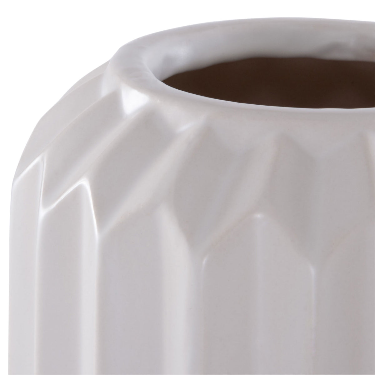 White ceramic vase with a rounded rim and sculpted fluting that tapers toward the opening || RDC4013A-SET3 || detail_studio