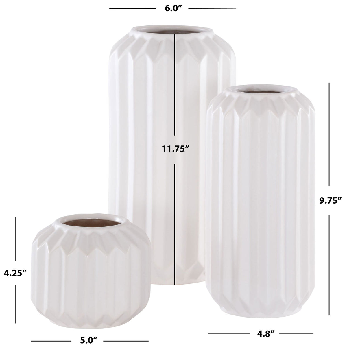 Three fluted white ceramic vases measuring 11.75, 9.75, and 4.25 inches tall || RDC4013A-SET3 || dimension_studio
