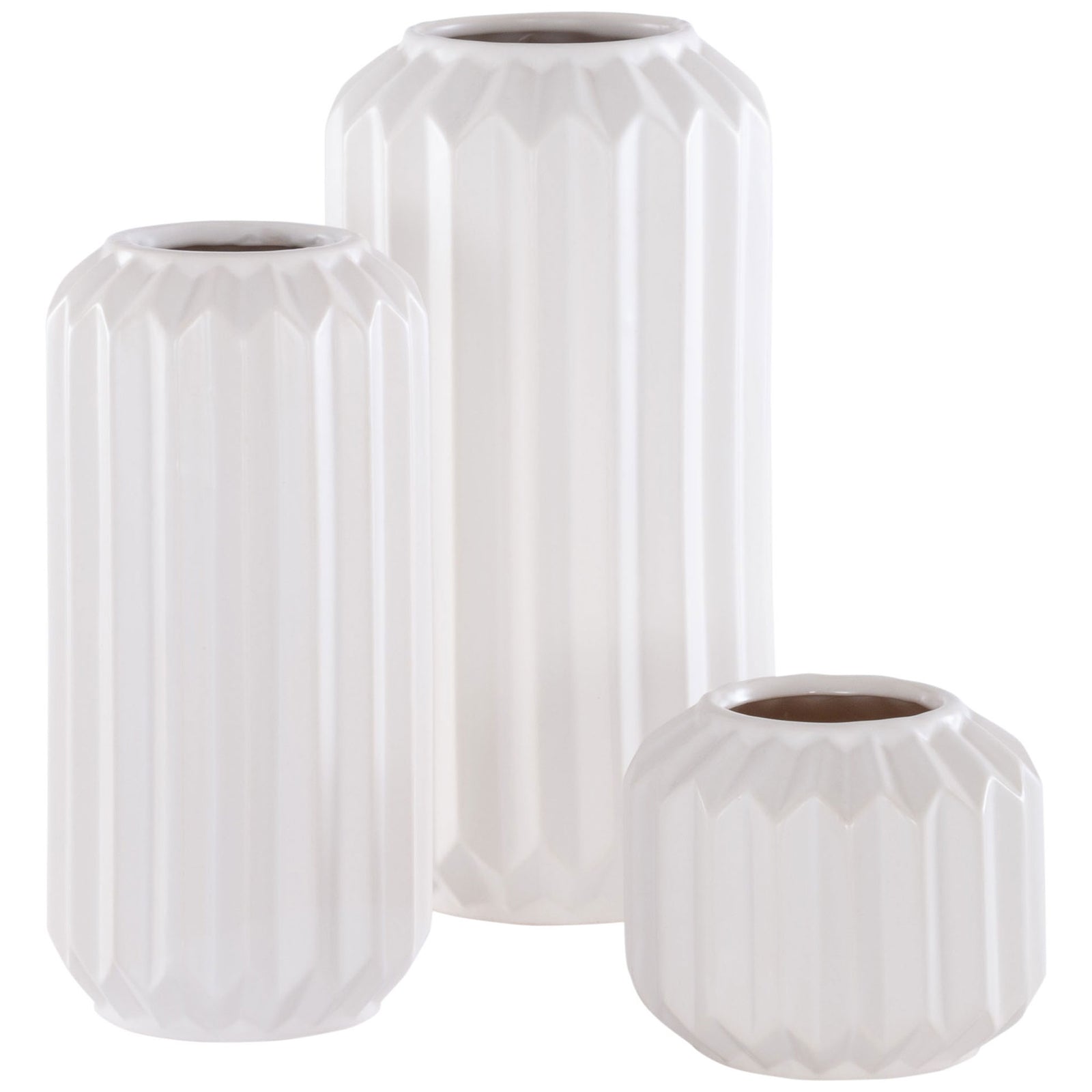 Three glossy white ceramic vases in varied heights with vertical fluting and faceted shoulders || RDC4013A-SET3 || front_angle_studio