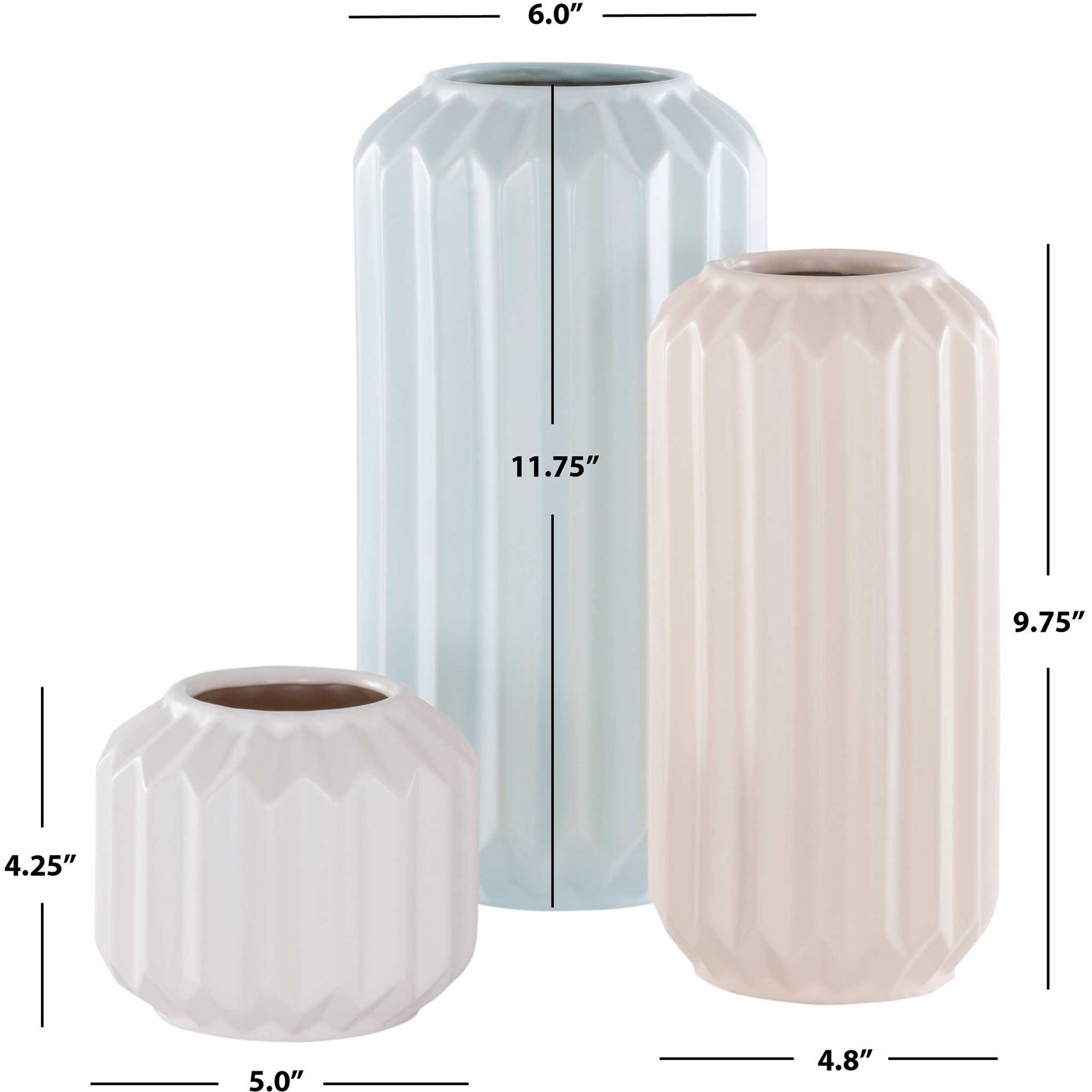 Pastel ridged vases in three sizes with clean, faceted profiles. || RDC4013B-SET3 || dimension_studio