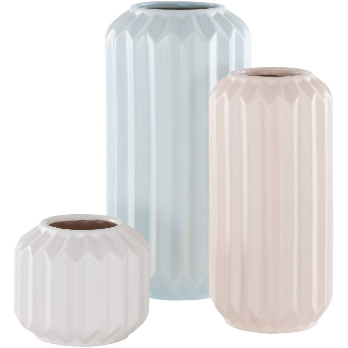 Set of three fluted ceramic vases in pastel blue, blush, and white with bold ridged texture. || RDC4013B-SET3 || front_studio