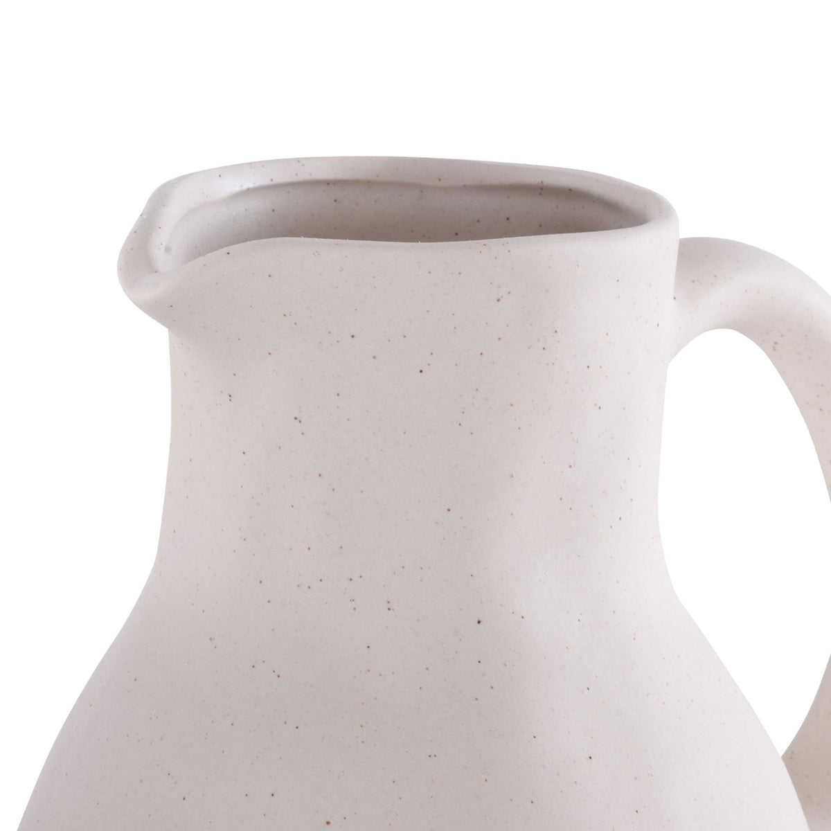 A ceramic vase pairs a gently flared spout with a sweeping handle and a speckled matte finish. || RDC4015A-SET4 || detail_studio