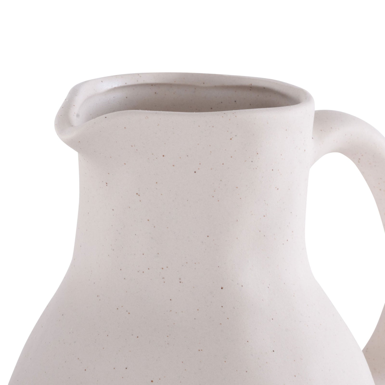 A ceramic vase pairs a gently flared spout with a sweeping handle and a speckled matte finish. || RDC4015A-SET4 || detail_studio