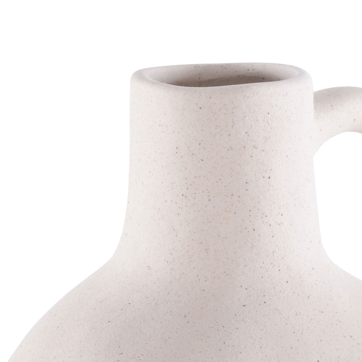 A narrow-necked ceramic vase has a rounded rim and subtle speckling in a matte beige finish. || RDC4015A-SET4 || detail_studio