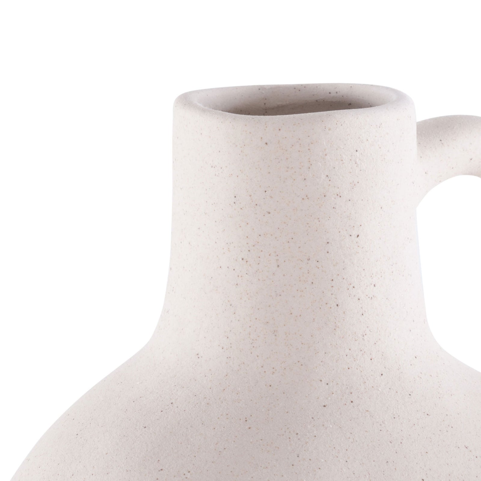A narrow-necked ceramic vase has a rounded rim and subtle speckling in a matte beige finish. || RDC4015A-SET4 || detail_studio