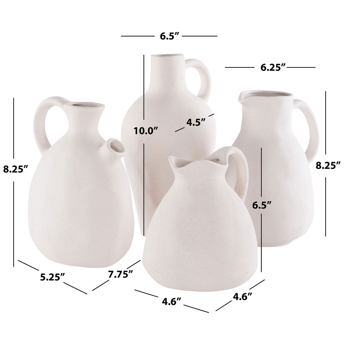 Four matte beige ceramic vases vary in shape and size, with heights ranging from 6.5 to 10 inches. || RDC4015A-SET4 || dimension_studio