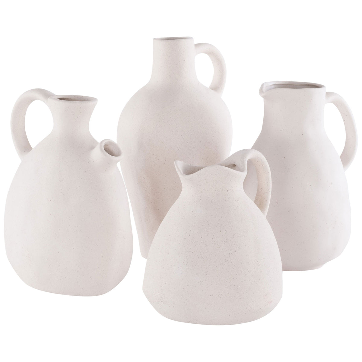 A four-piece ceramic vase set features varied silhouettes, sculpted handles, and a speckled matte beige finish. || RDC4015A-SET4 || front_studio