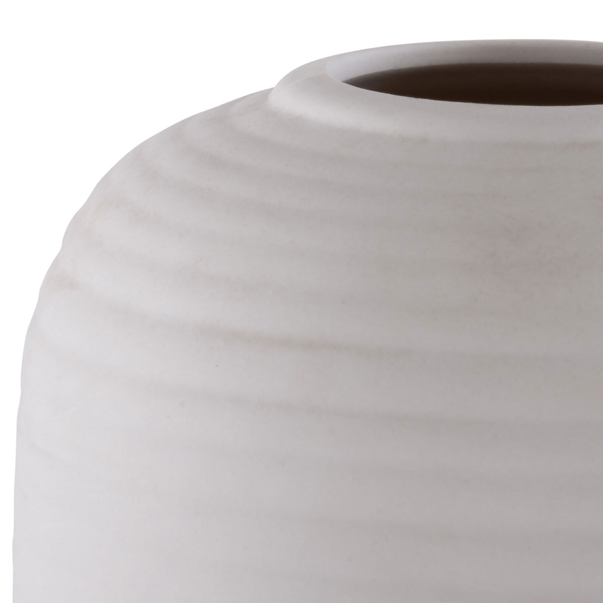 Delicate horizontal bands trace the ivory ceramic vase's rounded shoulder and open rim || RDC4016A-SET3 || detail_studio