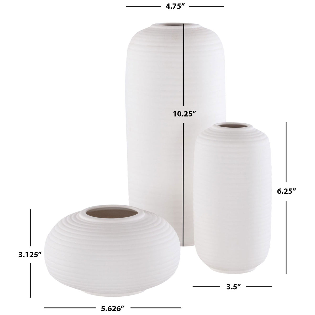 Three ribbed ivory ceramic vases offer tall, medium, and low profiles for a layered display