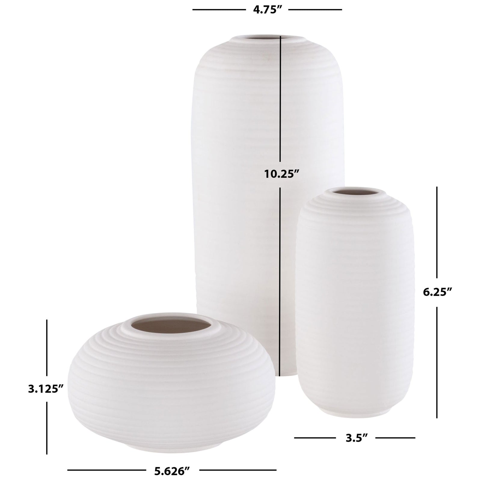 Three ribbed ivory ceramic vases offer tall, medium, and low profiles for a layered display || RDC4016A-SET3 || dimension_studio