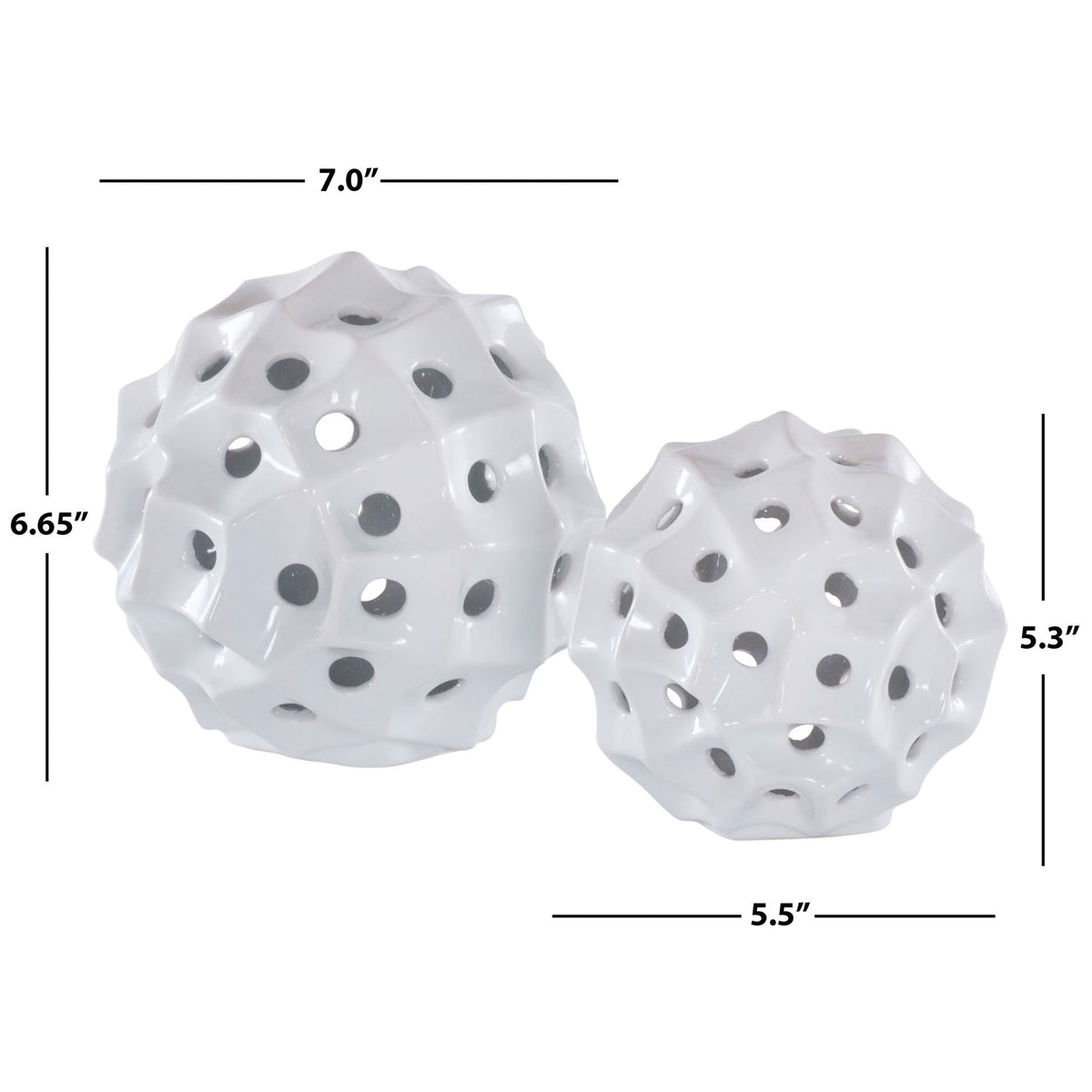 White ceramic spheres measure 7 and 5.5 inches wide, offering openwork detail in two complementary sizes. || RDC4019A-SET2 || dimension_studio