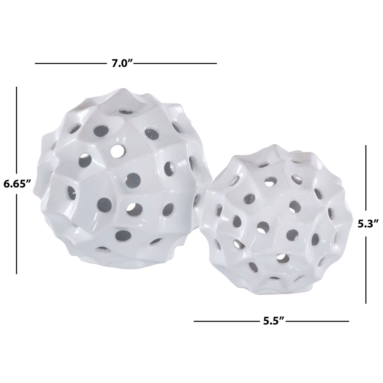 White ceramic spheres measure 7 and 5.5 inches wide, offering openwork detail in two complementary sizes. || RDC4019A-SET2 || dimension_studio