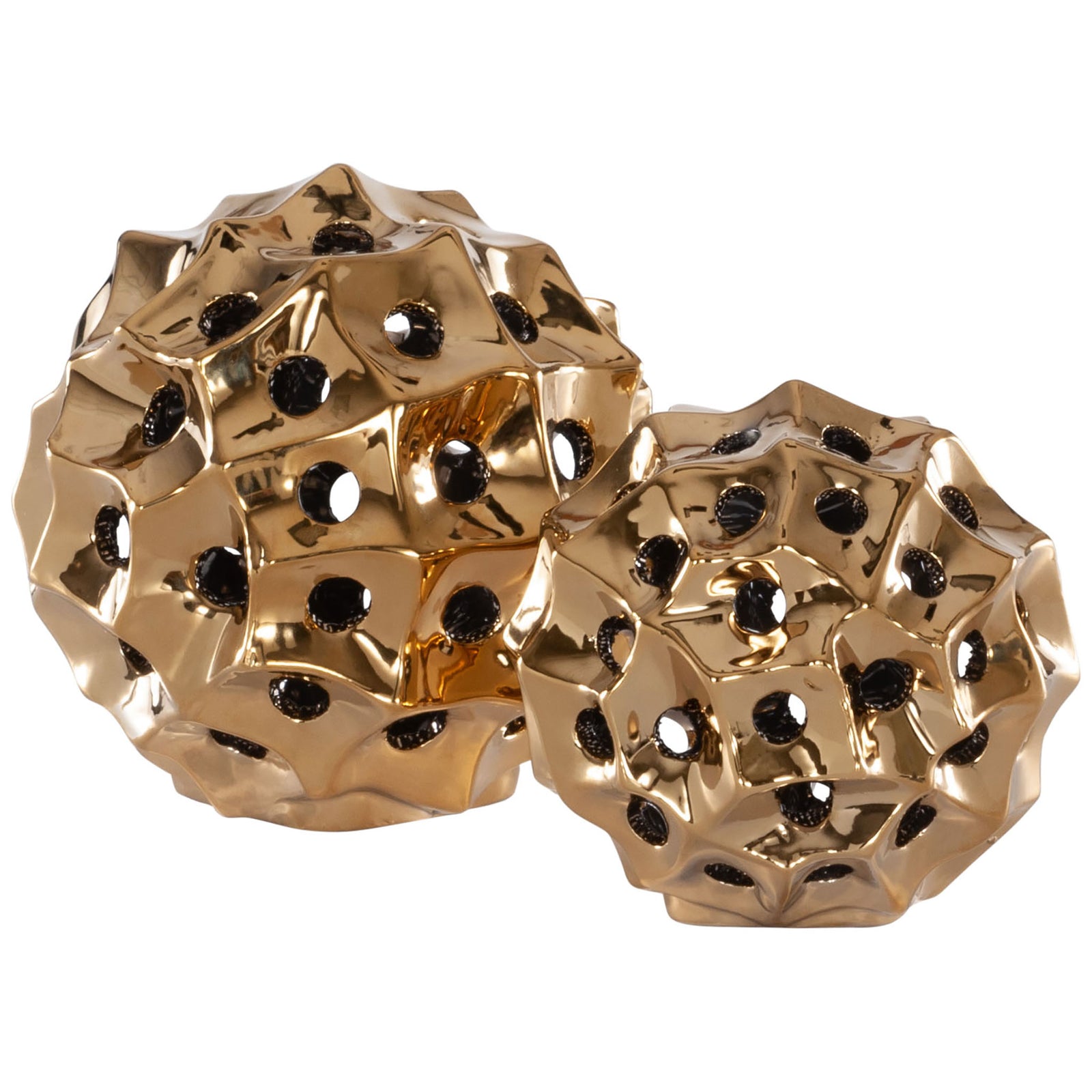 Two gold ceramic spheres combine reflective, sculptural surfaces with airy openings in two sizes. || RDC4019B-SET2 || front_studio