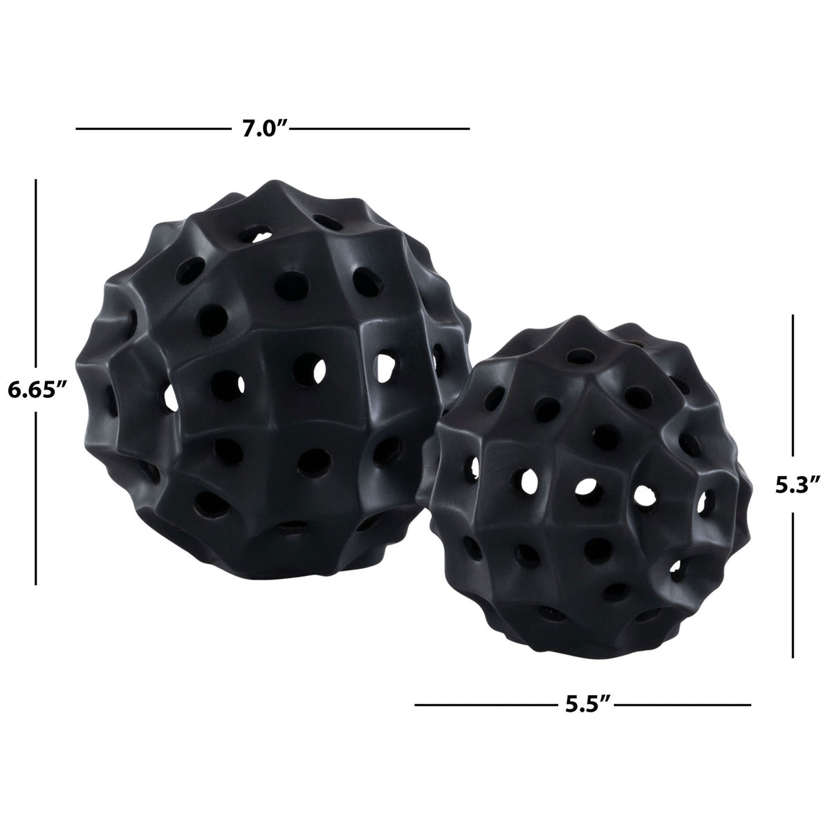 Two black ceramic spheres measure 7 and 5.5 inches wide, pairing pierced texture with contrasting sizes. || RDC4019C-SET2 || dimension_studio