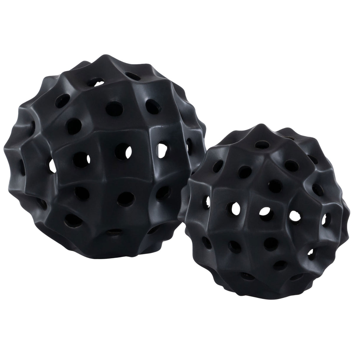 Two black ceramic spheres in graduated sizes feature sculpted contours and airy round openings. || RDC4019C-SET2 || front_studio