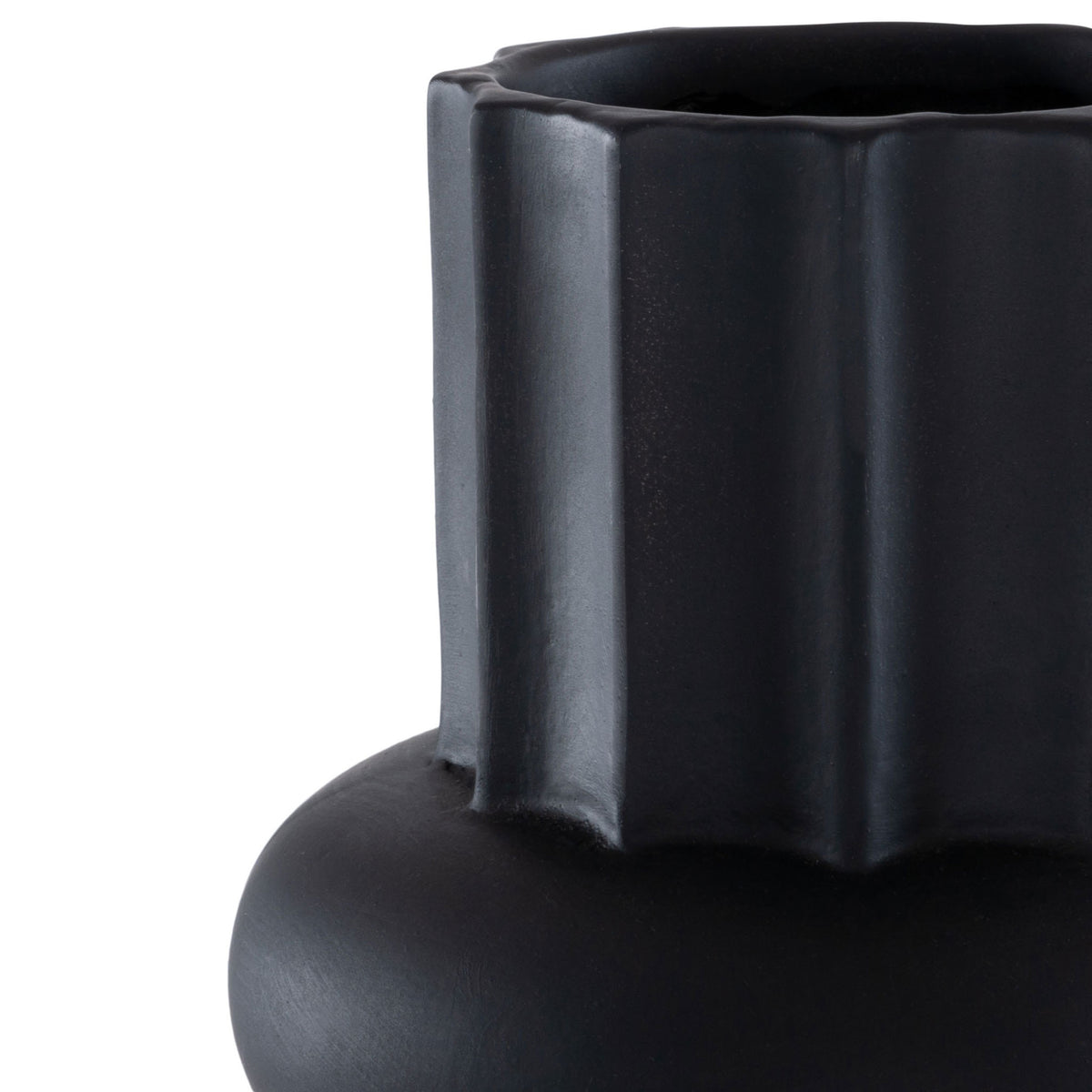Vertical fluting rises above a smooth, rounded band on this antique black ceramic vase. || RDC4020B-SET2 || detail_studio