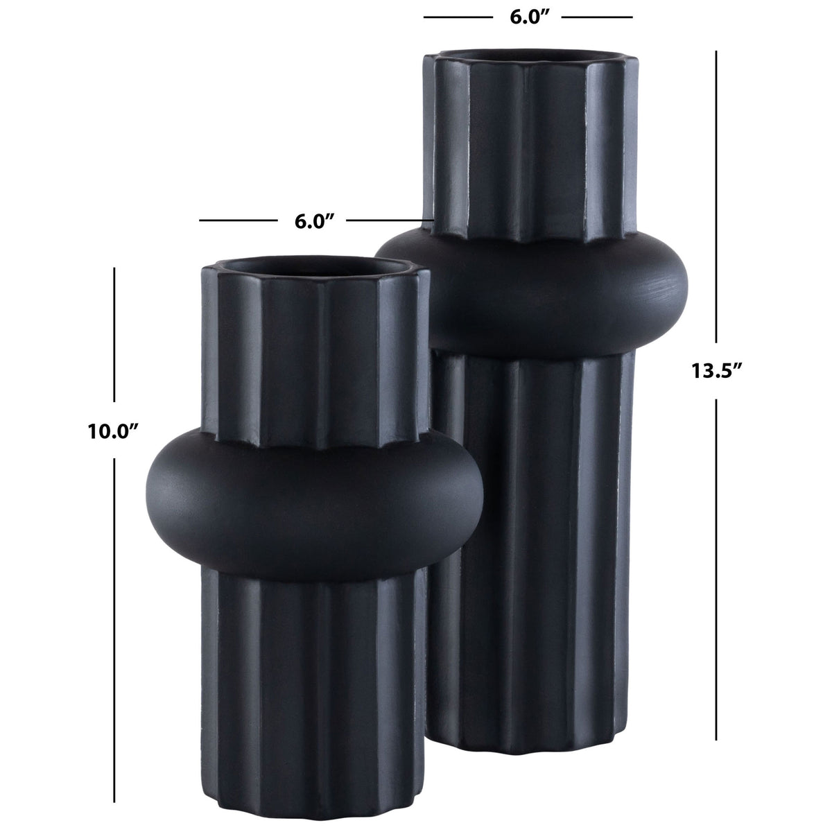 Two antique black ceramic vases stand 10 and 13.5 inches tall, each measuring 6 inches wide. || RDC4020B-SET2 || dimension_studio
