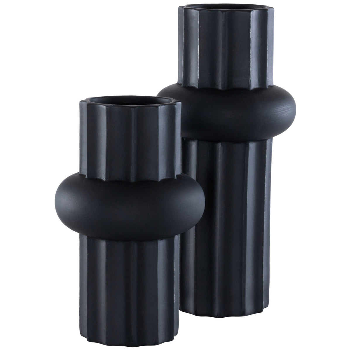 Two antique black ceramic vases pair fluted columns with sculptural rounded bands at staggered heights. || RDC4020B-SET2 || front_studio