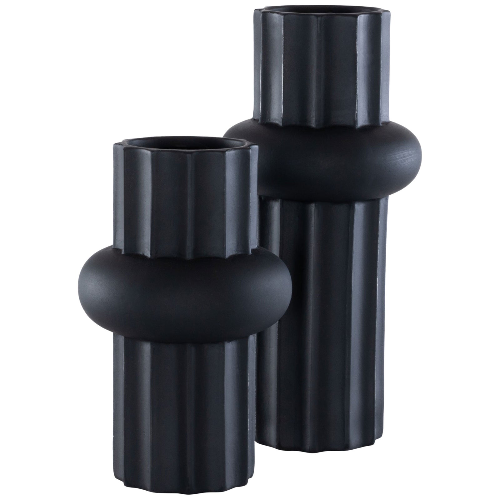 Two antique black ceramic vases pair fluted columns with sculptural rounded bands at staggered heights. || RDC4020B-SET2 || front_studio