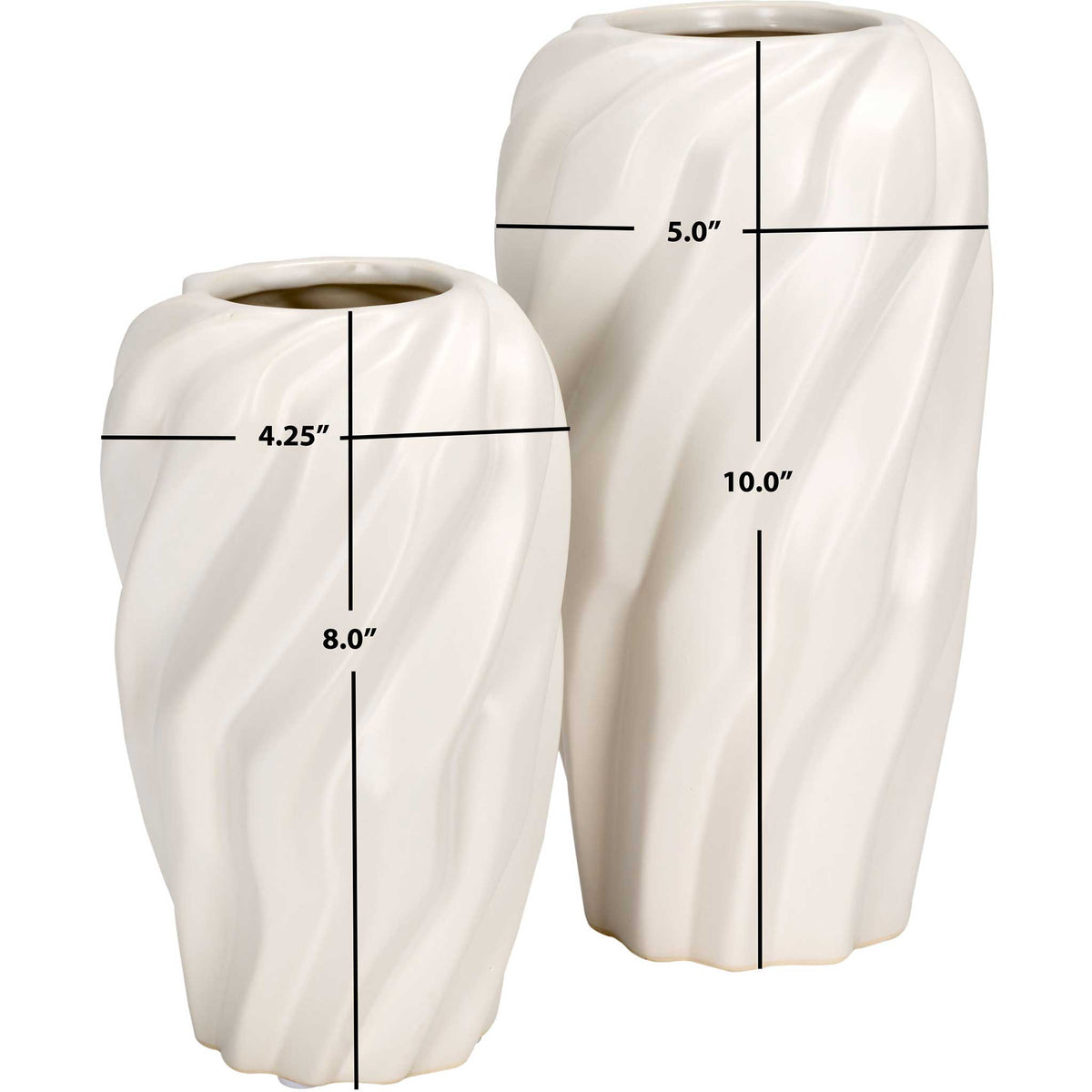 Two cream ceramic vases in complementing sizes, featuring wide mouths and a flowing, textured surface || RDC4021A-SET2 || dimension_studio