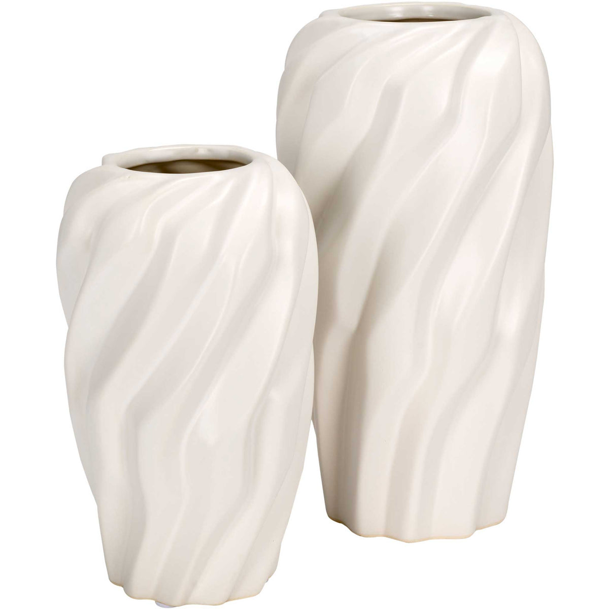 Sculptural cream ceramic vases with organic wave texture, a modern duo that elevates any surface || RDC4021A-SET2 || front_studio