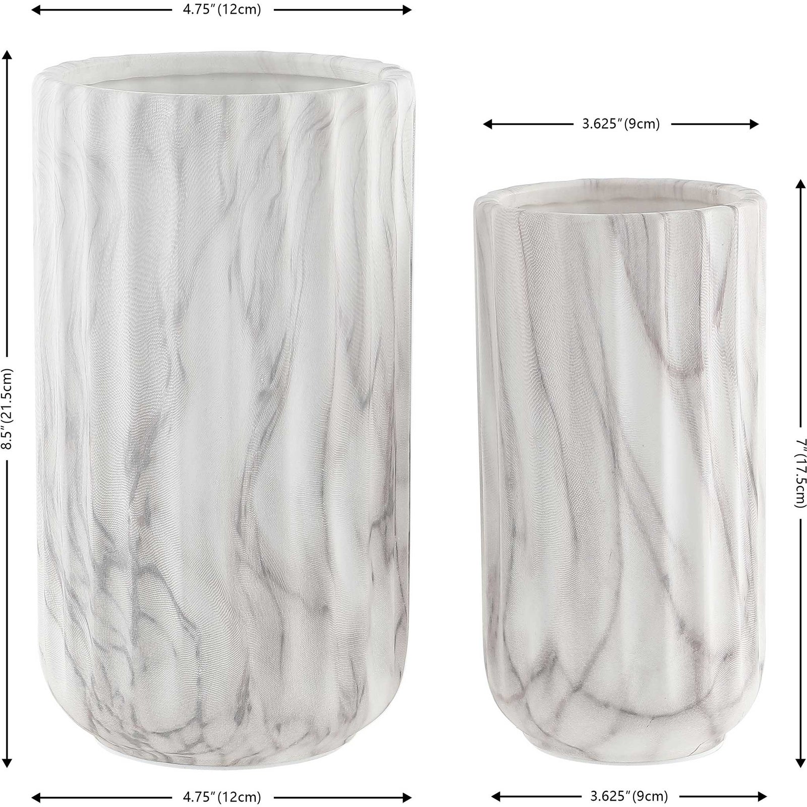 Dimensions for the small and large marble-look fluted vases || RDC4022A-SET2 || dimension_studio