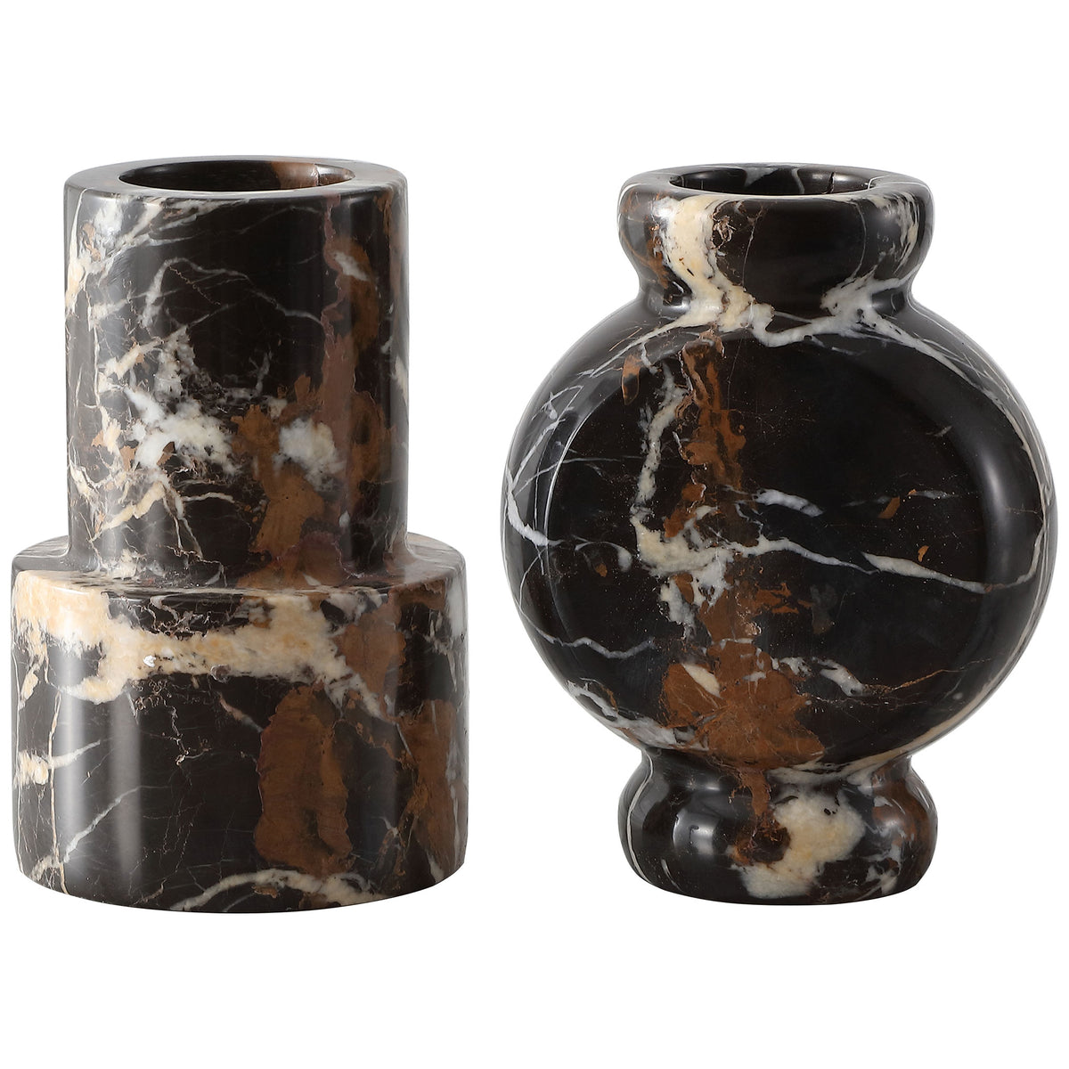 A rounded pedestal vase and stepped cylindrical vase showcase bold white and brown veining in black marble || RDC4024A-SET2 || front_studio