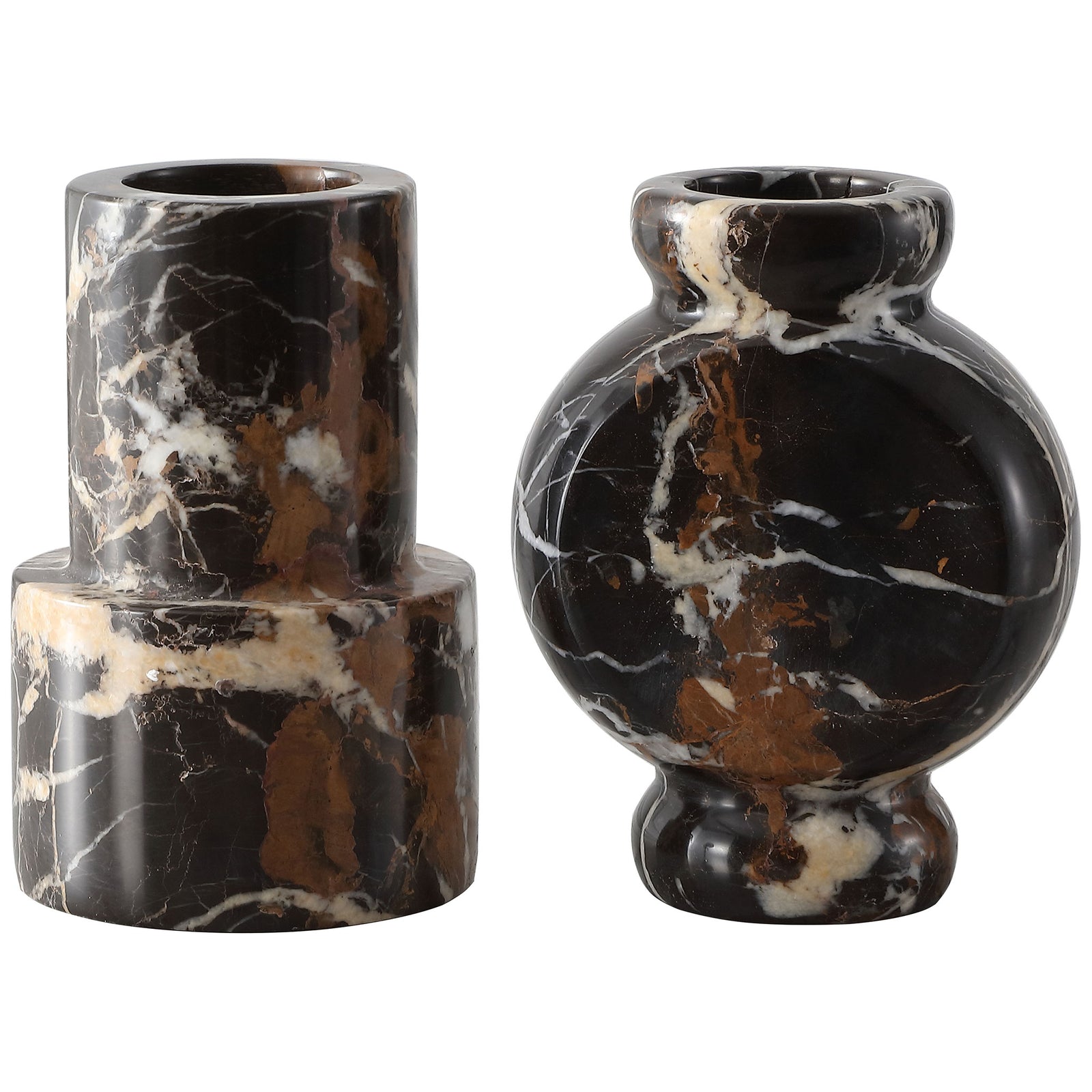 A rounded pedestal vase and stepped cylindrical vase showcase bold white and brown veining in black marble || RDC4024A-SET2 || front_studio