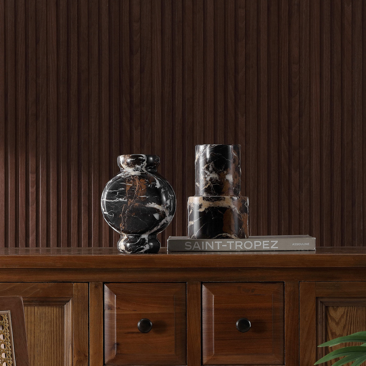 A rounded vase and a tiered cylinder pair contrasting forms with dramatic white and brown marble veining || RDC4024A-SET2 || front_room
