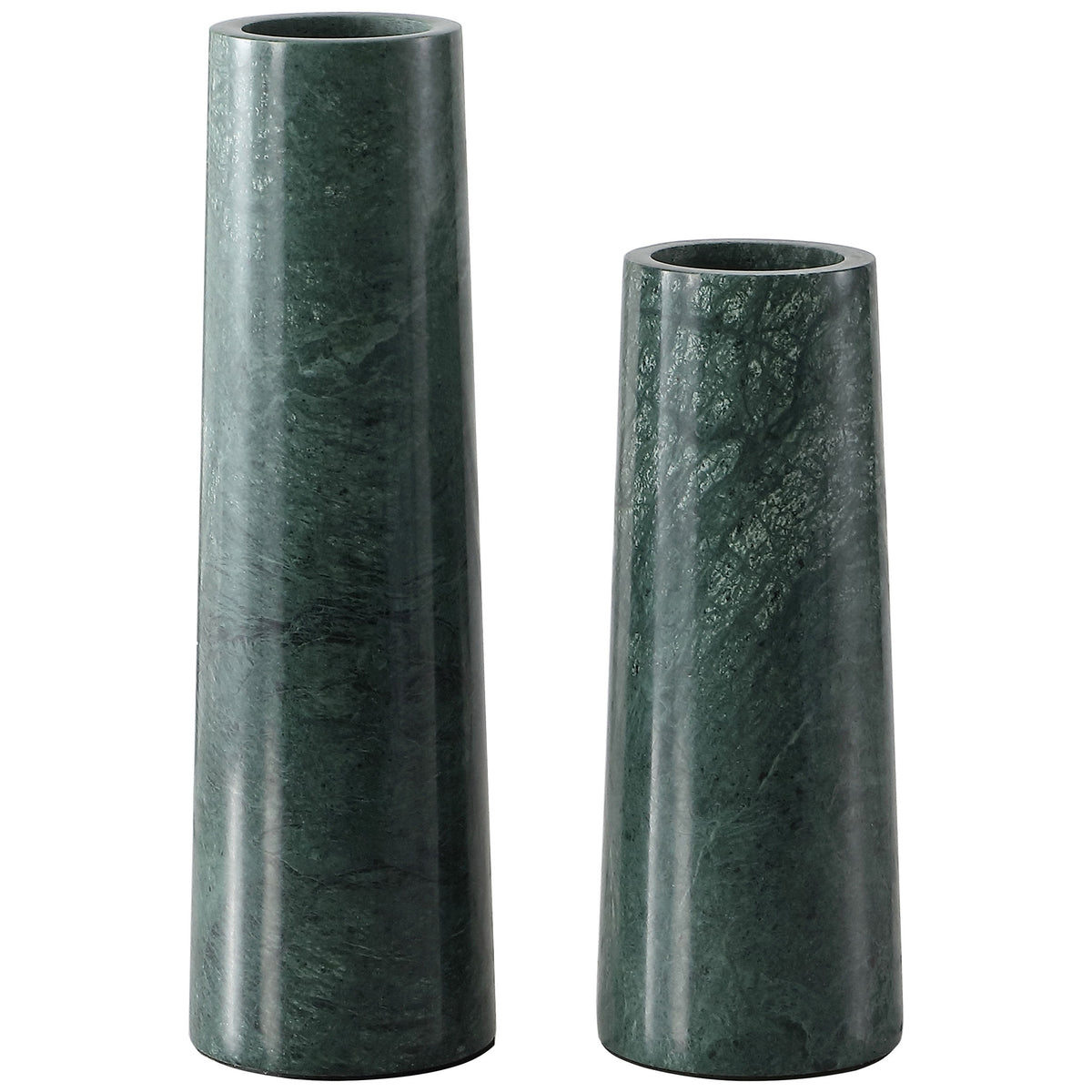 Two tapered green marble vases pair natural veining with contrasting heights. || RDC4025A-SET2 || front_studio
