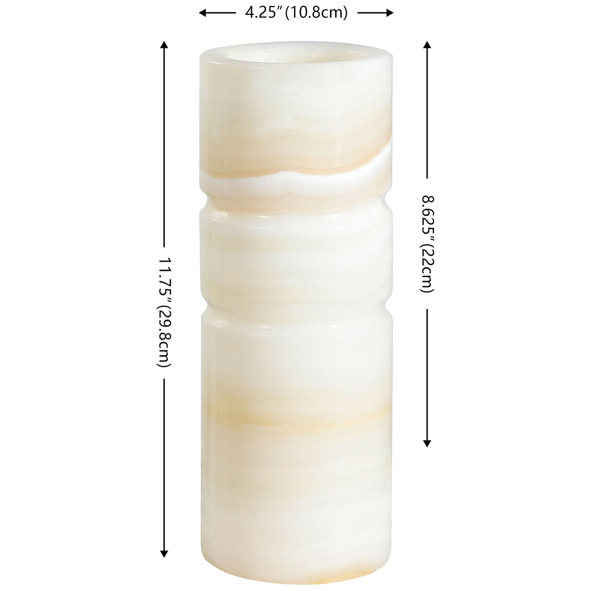 A slender 11.75-inch-tall stone vase features a 4.25-inch diameter and softly sculpted grooves || RDC4026A || dimension_studio