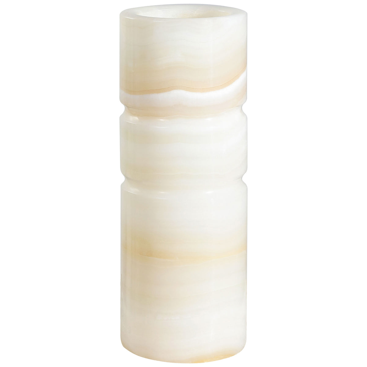 A sculptural ivory stone vase pairs rounded tiers with delicate cream and honey veining || RDC4026A || front_studio