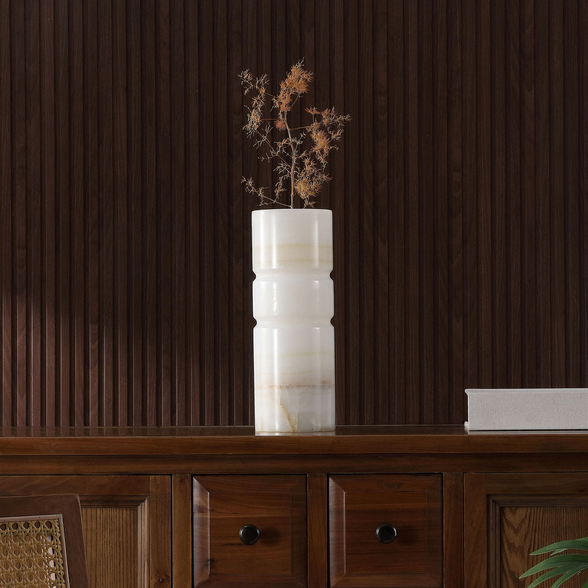 A banded ivory vase brings natural warmth and quiet texture to a display of dried stems || RDC4026A || front_room