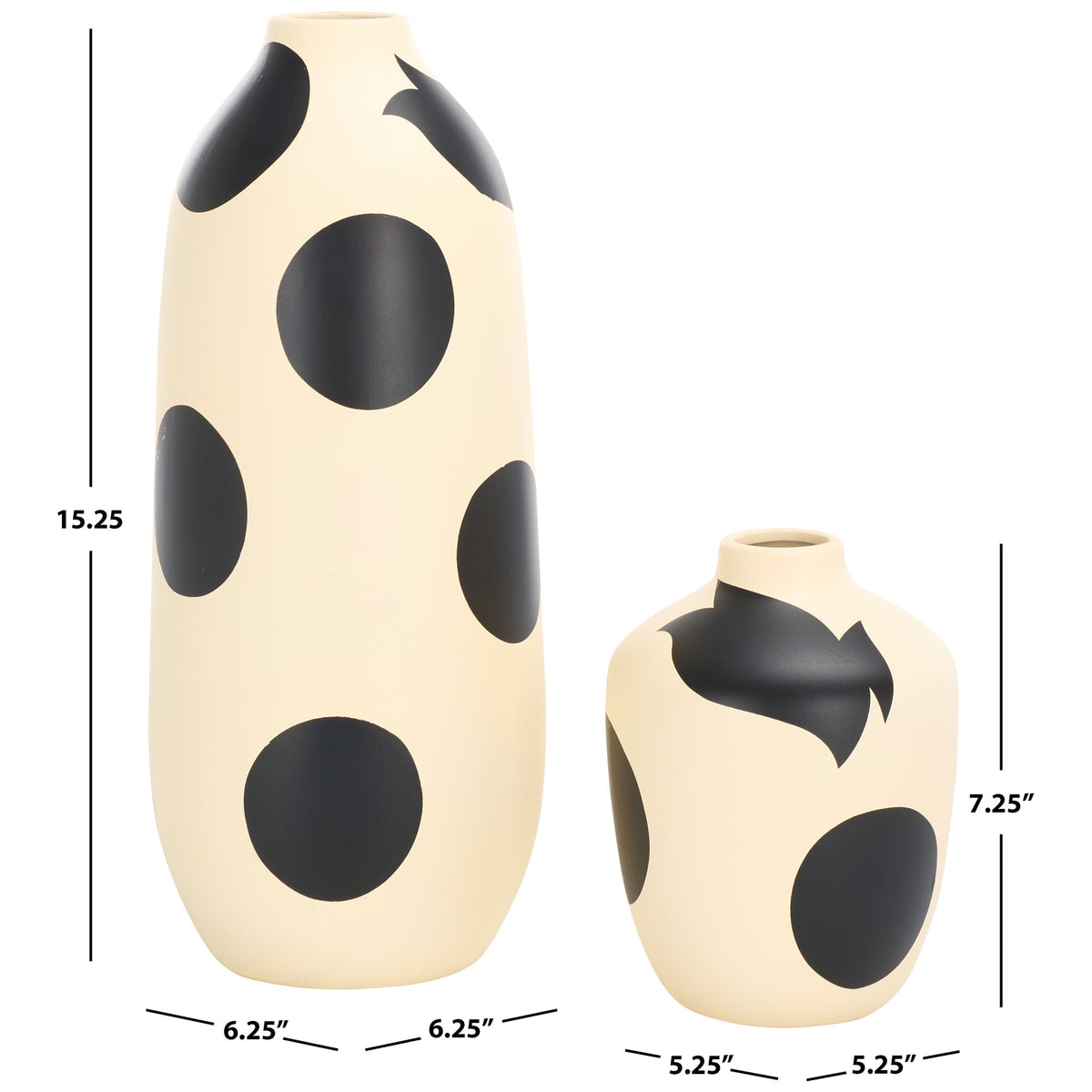 Cream ceramic vases with oversized black spots stand 15.25 and 7.25 inches tall. || RDC4027A-SET2 || dimension_studio