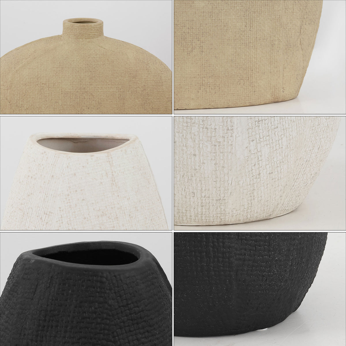 Distinctive tactile finishes lend earthy character to beige, white, and black ceramic vases.